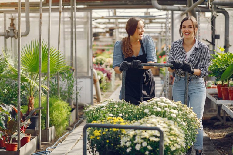 women-working-greenhouse-with-flowerpots